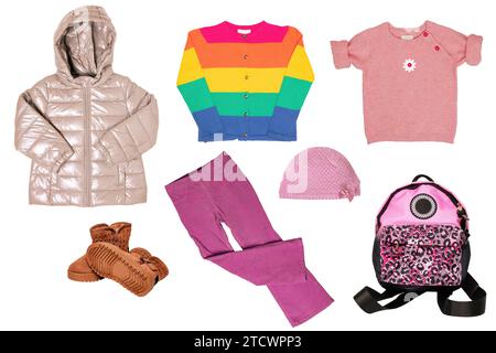 Collage set of little girl autumn or spring clothes isolated on white. Kids apparel collection. Childs fashion clothing outfit. Down jacket, sweater, Stock Photo