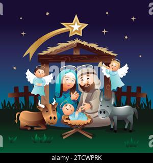 Holy family, Nativity Scene with Jose, Mary and baby Jesus. Vector illustration. Holy Family, Star of Bethlehem, Manger, Christmas, Stock Vector