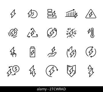Vector line icon set energy related. Electricity symbol power outline and thin environment collection. Ecology and recycling battery. Technology indus Stock Vector