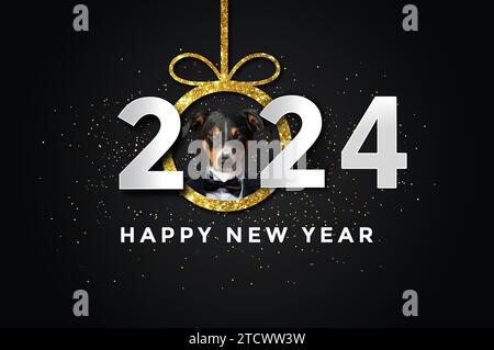 happy new year 2021 with a Dog, black background. Stock Photo