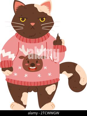 A disgruntled cat stands in a Christmas sweater and shows his middle finger. Grumpy Fluffy Cat is a brown colored wearing a pink sweater and a drawing Stock Vector