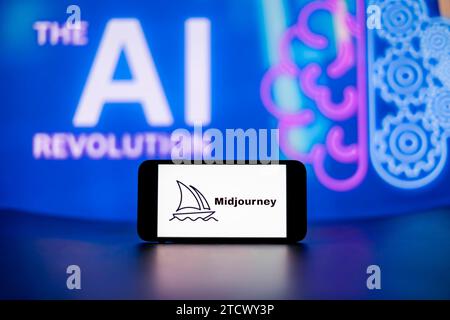 In this photo illustration, the Midjourney logo seen displayed on a mobile phone screen with the AI (artificial intelligence) revolution symbol in the background. Stock Photo