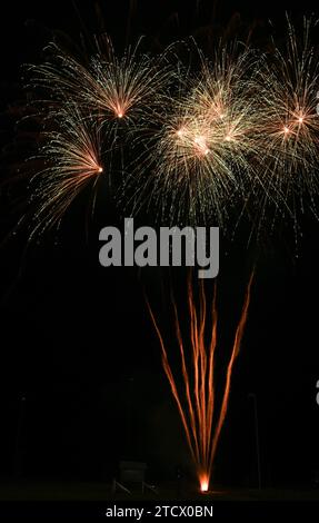 Bremerhaven, Germany. 14th Dec, 2023. The fireworks company Comet presents its latest products for New Year's Eve fireworks at a sample shooting. Credit: Lars Penning/dpa/Alamy Live News Stock Photo