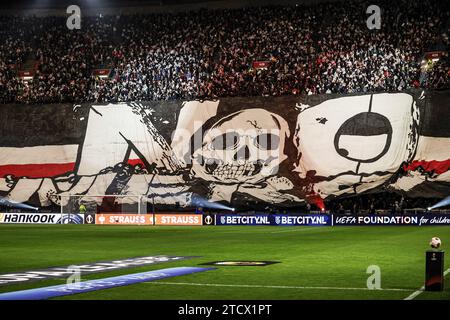 AMSTERDAM - Ajax fans banner during the UEFA Europa League group B match between Ajax Amsterdam and AEK Athene FC at the Johan Cruyff ArenA on December 14, 2023 in Amsterdam, Netherlands. ANP MAURICE VAN STEEN Stock Photo