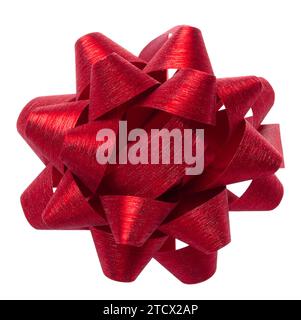 Knotted bow made of red silk ribbon on an isolated background, decor for a gift Stock Photo