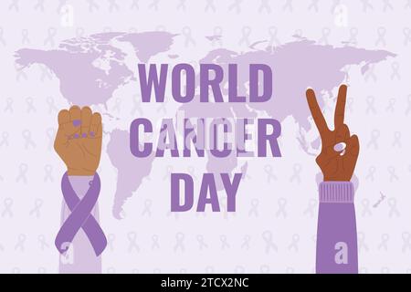 World Cancer Day 4 February. Purple cancer ribbon on raised fist and V-sign gesture and world map. Cancer prevention poster. Hand drawn vector illustr Stock Vector