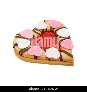 Heart-shaped cookie with strawberry jam isolated on white background. Traditional Linzer cookies close-up. Stock Photo