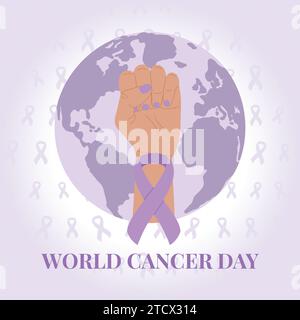 World Cancer Day 4 February. Purple cancer ribbon on raised fist on globe background. Cancer prevention poster. Hand drawn vector illustration Stock Vector
