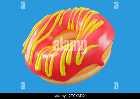 Chocolate glazed donut with sprinkles on a blue background. 3d render and illustration of pastry and confectionery Stock Photo