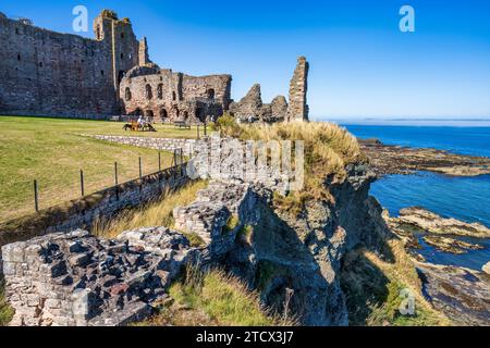 View across the Postern or Sea Gate towards the North Range and Curtain Wall within the Inner Ward of Tantallon Castle in East Lothian, Scotland, UK Stock Photo