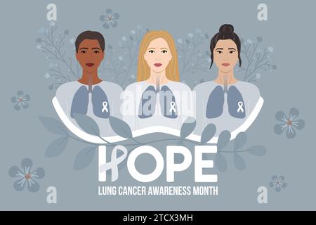 Lung Cancer Awareness Month. Hope phrase. Three women with wrinkles, gray hair, lung silhouette and white ribbon on their chests. Cancer prevention an Stock Vector