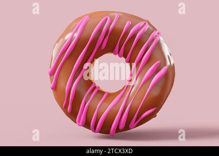 Chocolate glazed donut with sprinkles on a pink background. 3d render and illustration of pastry and confectionery Stock Photo