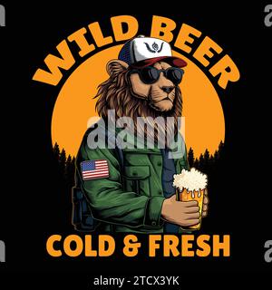 Lion character holding beer glass vector illustration for your company or brand Stock Vector