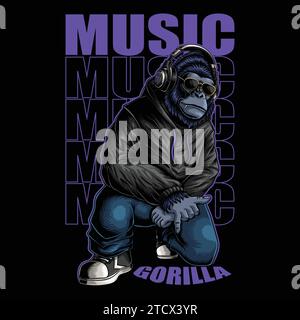 Gorilla character wearing a headphone hiphop style vector illustration for your company or brand Stock Vector