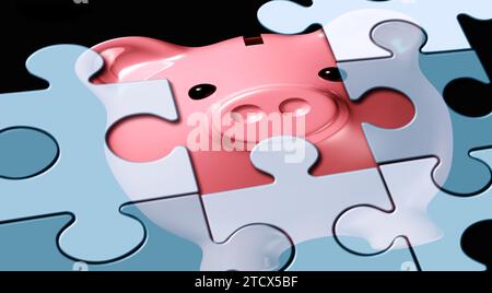 Banking and bank challenges or Financial Challenges and fiscal puzzles with missing pieces as a banker piggy-bank or piggybank symbol for saving and bud Stock Photo