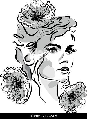 Woman with poppy flowers in line art style. Vector illustration Stock Vector