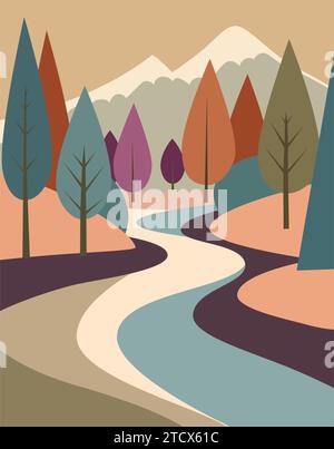 AUTUMN FOREST LANDSCAPE, MOUNTAIN IN THE BACKGROUND, TREES IN AUTUMN COLORS Stock Vector