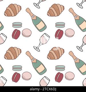 French dessert, pastry seamless pattern. Champagne bottle, croissants and macaroons. Colored vector design for fabric, scrapbooking or packaging. Stock Vector