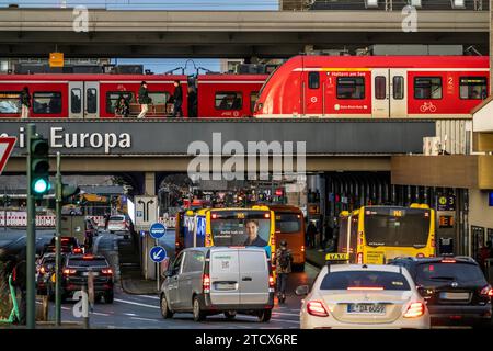 Central station in the city centre of Essen, dense traffic, local train, bus station, local buses, NRW, Germany, Stock Photo