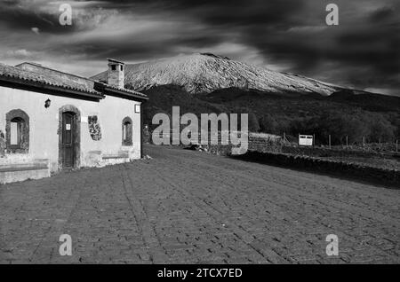 refuge base point 'Piano dei Grilli' of Etna Park in black and white, Bronte, Sicily, Italy Stock Photo