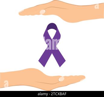 Female hands showing purple awareness ribbon. Awareness month and World cancer day concept.For a poster or banner.Vector illustration Stock Vector