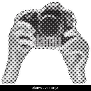 Hands holding vintage photo camera. Trendy halftone style. Collage design in trendy retro 90s magazine style. Vector illustration Stock Vector