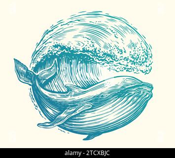 Whale and Sea waves. Emblem in shape circle on theme of sea adventure, travel and discovery Stock Vector