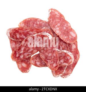 slices of spanish fuet thin dried salami sausage isolated on white background with clipping path, top view Stock Photo