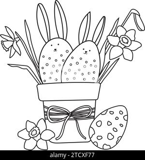 Easter-Themed Coloring Page For Kids Features A Flower Pot With Daffodils And Easter Eggs, Presented As A Black And White Vector Illustration For A Coloring Book Stock Vector