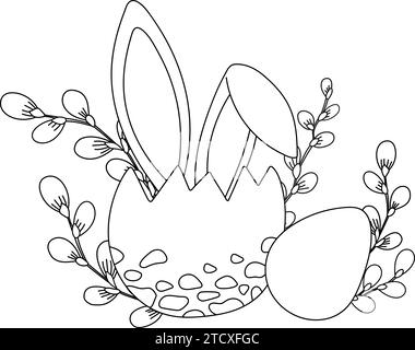 Easter-Themed Coloring Page For Kids Features Bunny-Eared Easter Eggs And Willow, In A Vector Illustration, And A Black-And-White Coloring Book Page Showcases Stock Vector