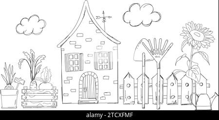 Coloring Page For Kids Features A Rural Scene With A Small House, Fence, Sunflower, Rake, Shovel, And Seedlings In A Vector Illustration, Perfect For A Black And White Coloring Book Stock Vector