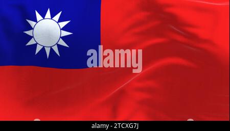 Close-up of Taiwan flag waving in the wind. Red flag with white sun with 12 rays on blue rectangle. 3d illustration render. Selective focus. Close-up. Stock Photo