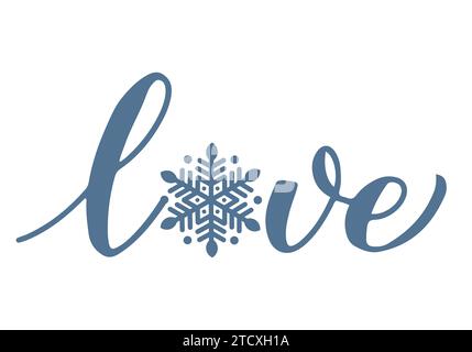 Love lettering with snowflake isolated on white. Football typography poster. Seasonal vector illustration. Easy to edit design template for your creat Stock Vector
