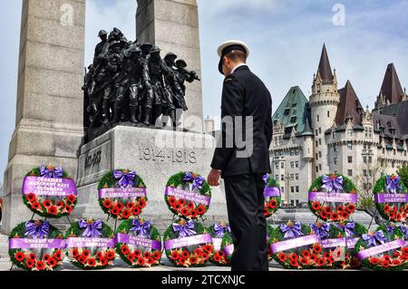 A commemorative service is held to mark the anniversary of the Battle of the Atlantic is held at the Cenotaph War Memorial. Stock Photo