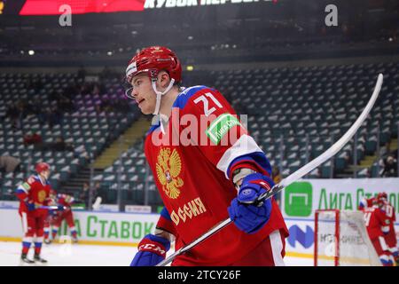 Saint Petersburg, Russia. 14th Dec, 2023. Russia 25 national hockey team player, Alexander Nikishin (21) seen in action during the Channel One Cup (ice hockey) between Russia 25 and Stars and the VHL at the Ice Sports Palace. (Final score; Russia 25 5:2 Stars and the VHL) Credit: SOPA Images Limited/Alamy Live News Stock Photo