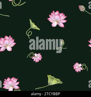 Seamless pattern of blooming water lily. Ornate with white pink lotus flowers, green leaves. Watercolor illustration isolated on black background. Stock Photo