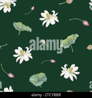 White pink lotus flowers, green leaves. Seamless pattern of blooming water lily. Watercolor illustration isolated on green background. Hand drawn comp Stock Photo