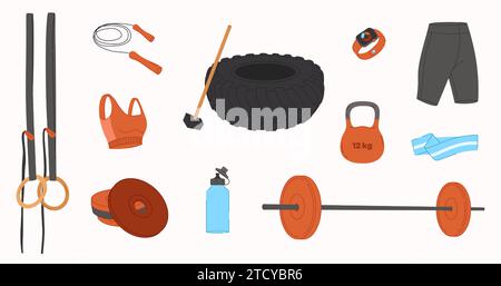Vector workout objects set. Gym equipment flat design. Collection on sport theme. Ideal for web design, stickers, sport guide and tutorials Stock Vector