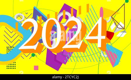 The number 2024 on geometrical graphic retro theme background. Minimal geometric holiday elements. Vintage abstract shapes vector illustration. Stock Vector