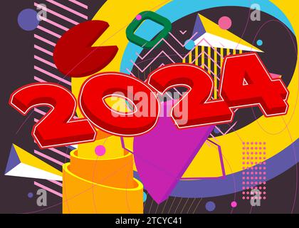 The number 2024 on geometrical graphic retro theme background. Minimal geometric holiday elements. Vintage abstract shapes vector illustration. Stock Vector