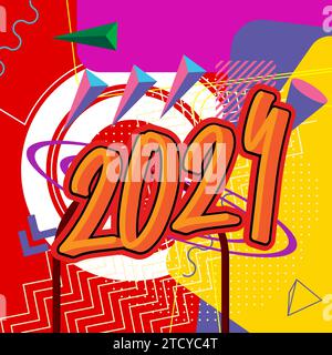 The number 2024 on geometrical graphic retro theme background. Minimal geometric holiday elements. Vintage abstract shapes vector illustration. Stock Vector