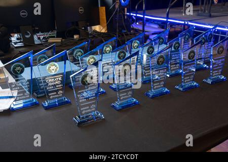Trophies on display during the the VEX Worlds Championship qualifying One World Showcase Event at UC Berkeley on Tuesday, November 21, 2023. Stock Photo