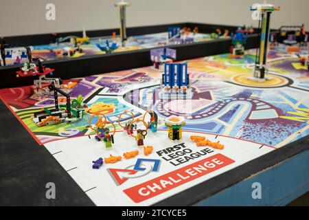 Closeup of a FIRST LEGO League (FLL) competition field seen at a FLL regional competition in Salem, Oregon, on Saturday, December 2, 2023. Stock Photo