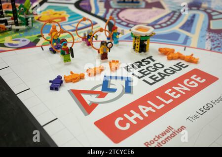 Closeup of a FIRST LEGO League (FLL) competition field seen at a FLL regional competition in Salem, Oregon, on Saturday, December 2, 2023. Stock Photo