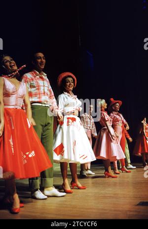 LAS VEGAS, NV - 1958: Actress and model Kitty Dolan performs on stage at The Tropicana Hotel circa 1958 in Las Vegas, Nevada. (Photo by Hy Peskin) *** Local Caption *** Kitty Dolan Stock Photo