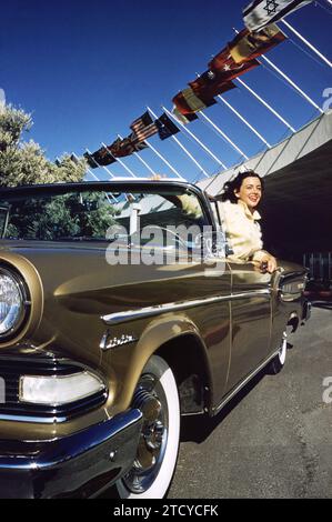 LAS VEGAS, NV - 1958: Actress and model Kitty Dolan poses in a 1958 Ford Edsel Citation outside The Tropicana Hotel circa 1958 in Las Vegas, Nevada. (Photo by Hy Peskin) *** Local Caption *** Kitty Dolan Stock Photo