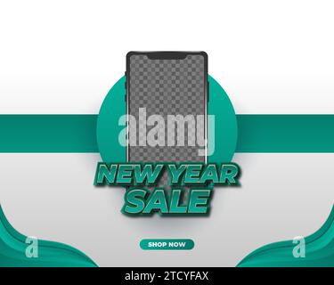 New year sale poster with smartphone template and 3d green text Stock Vector