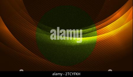 Abstract orange wavy shiny background with lines, dots and green circle. Vector glowing design Stock Vector