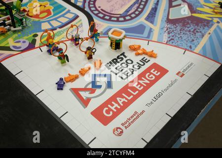 Closeup of a FIRST LEGO League (FLL) competition field seen at a FLL regional competition in Salem, Oregon, on Saturday, December 2, 2023. Stock Photo