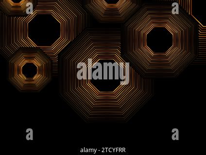 Deluxe golden minimal linear octagons abstract futuristic tech background. Vector digital art design Stock Vector